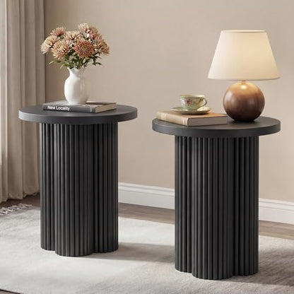 Small Sofa Side Table Set of 2, Fluted Accent Pedestal End Table, Wood Round Night Stand, Farmhouse Bed Side Table Drink Tables for Living Room, Small Spaces (Black-2PCS) - color: Black-2pcs