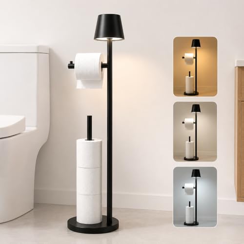 Black Toilet Paper Holder Stand with Storage, Free Standing Toilet Paper Holder for Bathroom, Toilet Paper Storage Stand with Wireless Lamp, Freestanding Toilet Paper Holder