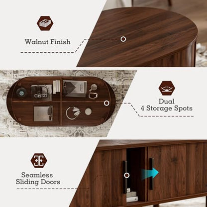 ZttRiee Oval Coffee Table with Sliding Doors, Mid-Century, Walnut | 47.24"L x 21.65"W x 16.14"H, 200 lbs capacity, 2 front & back storage areas, ~60 min assembly - color: Walnut_lsj032-wa