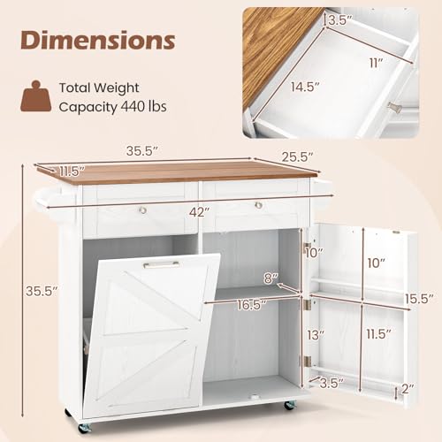 Giantex Kitchen Island Cart with Hidden Tilt Out Trash Can Cabinet, Drop Leaf, 2 Drawers, Towel Rack, Rolling Mobile Breakfast Bar Table, Wood Kitchen Storage Cart on Wheels (White & Natural) - color: White