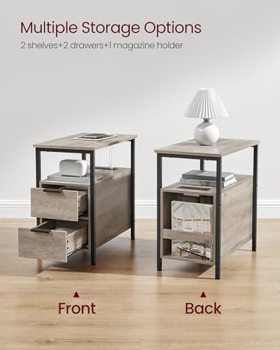 VASAGLE Side End Table with Charging Station, Slim Nightstand with 2 Drawers, Narrow Bedside Table for Living Room, Small Spaces, Heather Greige and Ink Black ULET321B02V1S - color: Heather Greige + Ink Black, size: 23.6"D x 11.8"W