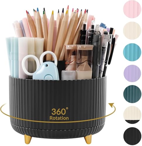 SKYDUE 360 Degree Rotating Desk Organizer, Dual-Purpose Pencil Pen Holder for Desktop, Rotating Desk Pen Organizer with 5 Slots, Office Supplies, Pencil Cup for Office, School, Home - color: Black_1Pack