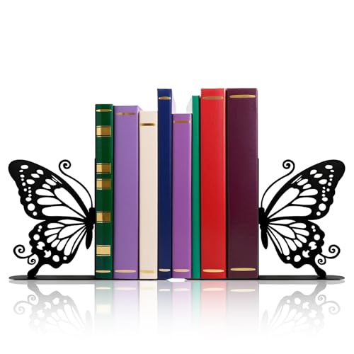 Metal Butterfly Bookends Cute Book Ends for Home Office Decor Bookshelf Decor Accessories Ideal Gift for Book Lovers(Black)