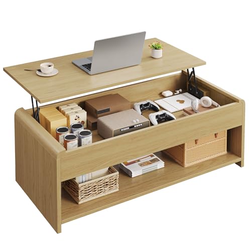 Wooden Coffee Table, Lift Top Coffee Table with Large Hidden Compartment, Open Storage Shelf, Lift Tabletop Dining Table for Living Room, Curved Corner, Home Small Space, 35in, Natural - color: Natural-open Shelf