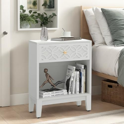 White Nightstand with Drawer and Open Shelf, 17.7 W | Modern Bed Side Table for Bedroom, Small End Table for Small Spaces, Living Room, Easy Assembly