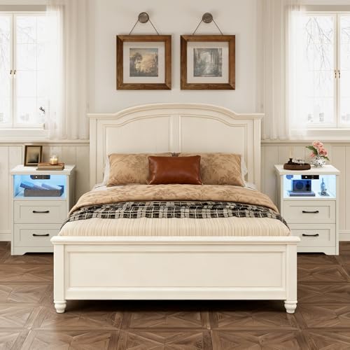 AODK Farmhouse Nightstand Set of 2, Bedside Tables with Charging Station & LED Lights, End Tables with Two Drawers and Open Storage, Rustic Bed Side Tables for Bedroom, Rustic White - color: Rustic White