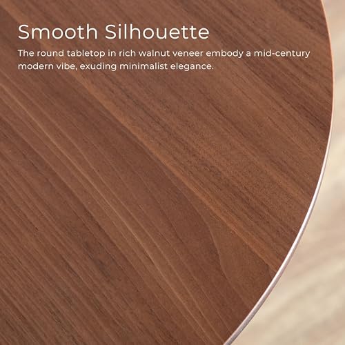 Furniture of America Lucian Mid-Century Modern Solid Wood Brown Round Side Table with V-Shape Base, Minimalistic Bedside Table for Living Room, Office, Home, Walnut