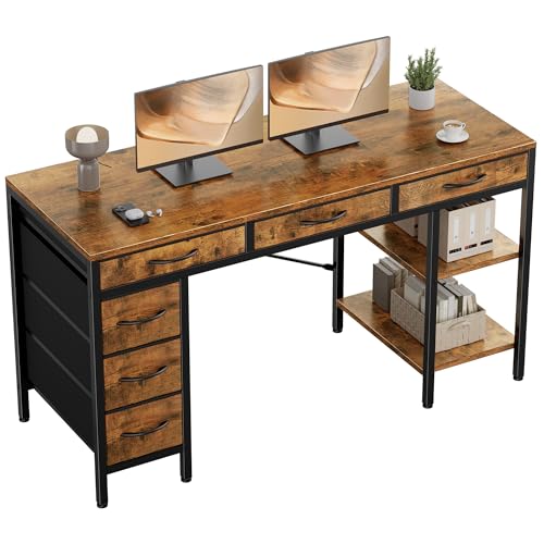 OLIXIS Computer desk with 6 Drawers, 55 inch Office workstation with Storage Shelves, Reversible Gaming setup, Corner table with Storage Drawers, Work for Home Office, Study, Living Room, Rustic Brown - color: Rustic Brown, size: 55 inch