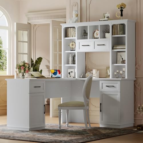 Bellemave L-Shaped Computer Desk with 2 Cabinets and 2 Drawers, Home Office Desk with 11 Open Shelves and 1 Right Flip Shelf, Corner Desk for Study, Living Room and Office (Off White - color: Off White