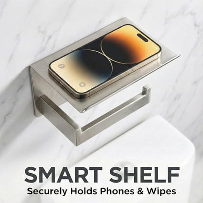 Toilet Paper Holder with Phone Shelf, Brushed Nickel | SUS304 stainless steel, screw-mounted, phone shelf with raised lip, fits standard toilet paper rolls - color: Brushed Nickel