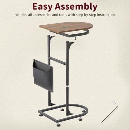 C Shaped End Table, Slide Under Small Side Table for Couch & Small Spaces | Wobble-Free C Table, Rustic Brown, Storage Bag, Sturdy Metal Frame, Wood Top, For Living Room Bedroom, 15-Min Quick Assembly - color: Classic Rustic Brown