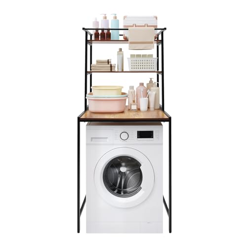 Over The Washer and Dryer Storage Shelf, 3-Tier Bathroom Room Shelf Storage Utility Rack Over The Toilet Washer Dryer Heavy Duty Laundry Room Organizer Bathroom Space Saving Organizer (Black+ Oak) - color: Black+ Oak