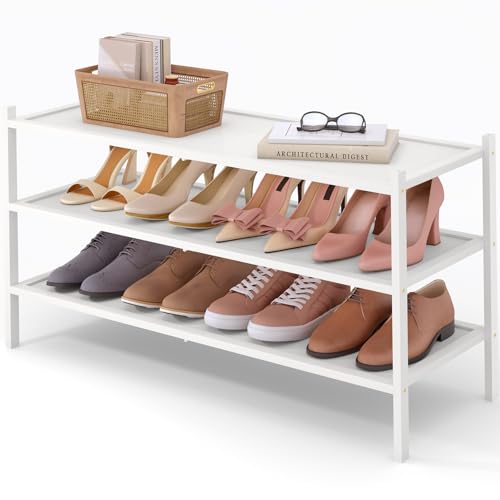 Smiry Bamboo Long Shoe Rack, 3 Tier Shoe Organizer for Closet, White | Stackable Shoe shelf for Entryway, Free Standing Storage for Shoes, Bags & Plants, with Solid Slab Shelves - color: White, size: 3 Tier-33.86" Wide