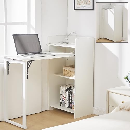 Fold Out Desk with Storage and Built-in Outlet, Mid Century Foldable Desk for Small Spaces, Hidden Folding Table for Home Office or Bedroom (White) - color: White