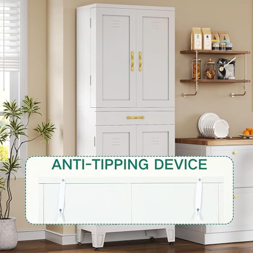 YITAHOME 71" Metal Pantry Cabinet with Drawer, Shelves & Door Racks, White | Tall Freestanding Steel Cupboard with 4 Doors, 8 Racks & Adjustable Shelves for Kitchen and Dining Room