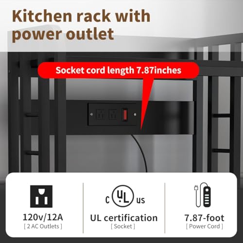 Bakers Rack with Power Outlet ，Microwave Stand 4-Tier Kitchen Baker's Rack, Free Standing Baker's Rack Kitchen Stands with Storage Suitable for Kitchen, Living Room, Dinning Room，Coffee Bar (Black) - color: Black
