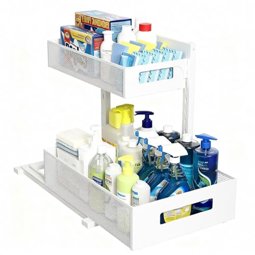 Under Sink Organizer, Adjustable Height 2 Tier Under Sink Organizers and Storage Multi-Purpose Under Sink Storage for Bathroom Kitchen - color: 1 Pack-White-New