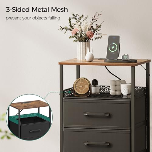 JARHETUN Nightstand Set of 2, Night Stands with Charging Station, 26.4 Inch Tall Bedside Table with Metal Shelf, Side Table with 2 Fabirc Drawers for Bedroom, Rustic Brown - color: Rustic Brown, style: Power