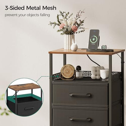 JARHETUN Nightstand Set of 2, Night Stands with Charging Station, 26.4 Inch Tall Bedside Table with Metal Shelf, Side Table with 2 Fabirc Drawers for Bedroom, Rustic Brown - color: Rustic Brown, style: Power