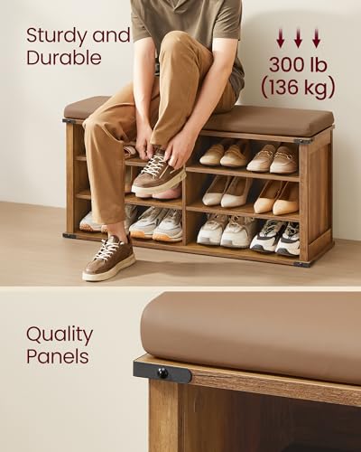 VASAGLE LIRY Collection - Shoe Storage Bench with Removable Cushion, Shoe Rack with Padded Seat, Entryway Bench with 6 Open Compartmens, Adjustable Shelves, Honey Brown ULSB105K01 - color: Honey Brown, size: 12.2"D x 40.2"W x 20"H