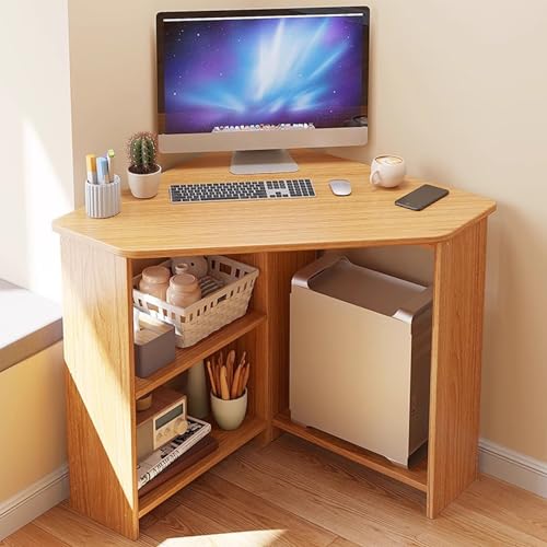 Talent Star Corner Computer Desk, Small Desk with Drawers and Open Shelves Small Study Table Triangle Desk with Storage CPU Stand Compact Home Office Triangle Table Workstation Light Brown