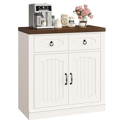 LIKIMIO Buffet Cabinet with 2 Drawers, 32" Sideboard Buffet Storage Cabinet with Doors and Shelves, Farmhouse Coffee Bar Station Kitchen Cabinet for Dining Room, Living Room, Entryway, White