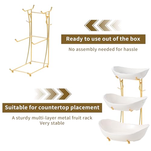 Elegant 3-Tier Ceramic Serving Bowl Set with Gold Stand, White Decorative Display Bowls for Fruits, Desserts, Appetizers