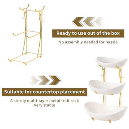 Elegant 3-Tier Ceramic Serving Bowl Set with Gold Stand, White Decorative Display Bowls for Fruits, Desserts, Appetizers