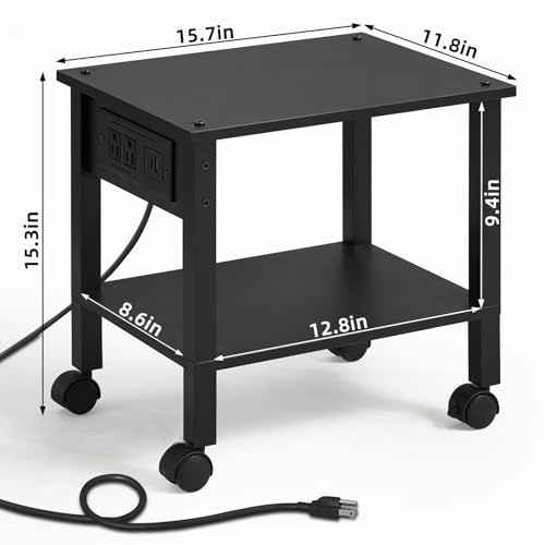 YUFAM 2 Tier Under Desk Printer Stand with Charging Station, Black | Wooden Small Printer Table for Home Office, Rolling Printer Cart Shelf with Lockable Wheels - color: Black, size: 11.8"D×15.7"W×15.3"H(With USB)