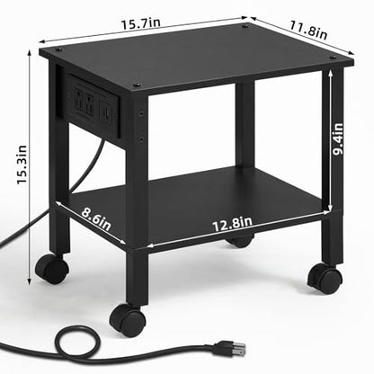 YUFAM 2 Tier Under Desk Printer Stand with Charging Station, Black | Wooden Small Printer Table for Home Office, Rolling Printer Cart Shelf with Lockable Wheels - color: Black, size: 11.8"D×15.7"W×15.3"H(With USB)