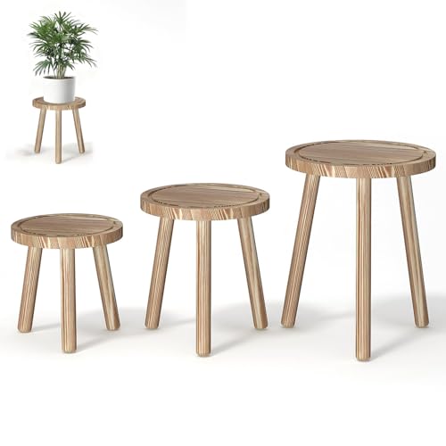 FUSHITON Set of 3 Wood Plant Stands Indoor, Light Brown Round Flower Pot Holder, Mid-Century Modern Plant Stool for Small Spaces, Bedroom Office Decor - color: Light Brown