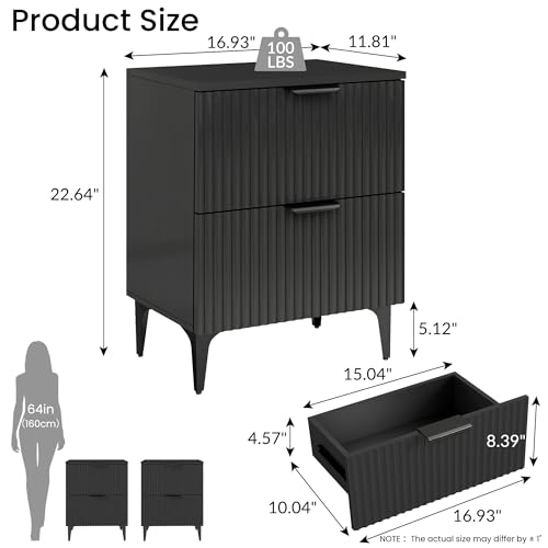 Black Fluted Nightstand Set of 2, Modern Night Stands with 2 Drawers | Bedside Table for Twin/Full/Queen Bed, End Table with Robot-friendly Metal Legs for Bedroom, Living Room - color: 2 Drawers-2pcs-black