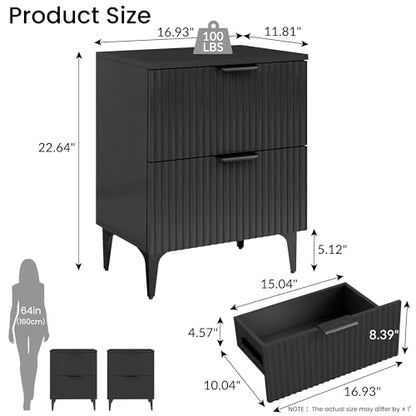 Black Fluted Nightstand Set of 2, Modern Night Stands with 2 Drawers | Bedside Table for Twin/Full/Queen Bed, End Table with Robot-friendly Metal Legs for Bedroom, Living Room - color: 2 Drawers-2pcs-black