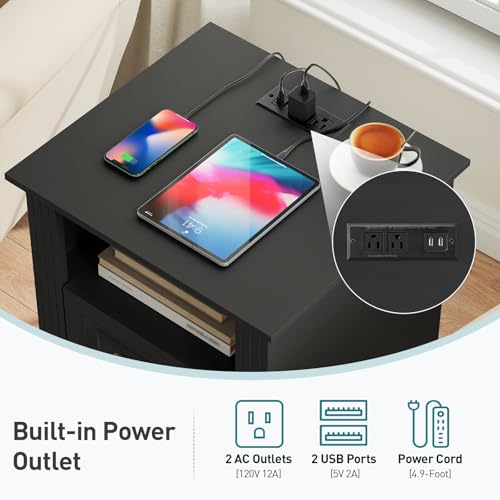RALGEND Farmhouse Nightstand with Charging Station, Night Stand with 2 Drawers, End Tables Living Room, LED Bed Side Table with Open Shelf, End Table for Bedroom, Living Room, Black - color: Black