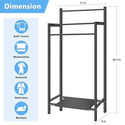 Free Standing Towel Racks for Bathroom, 3 Tier Towel Drying Rack with Movable Storage Shelf, Tall Metal Towel Rack Stand for Outdoor Pool, Black