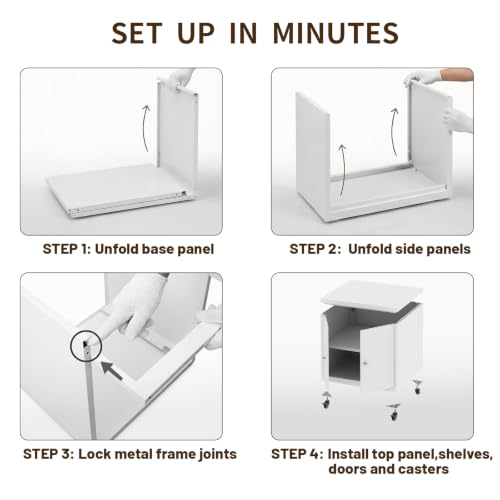 Metal Printer Stand with Storage Cabinet & Wheels, Heavy Duty Rolling Printer Cart with Adjustable Shelf, Large Printer Table for Home Office, Under Desk Printer Cabinet, White 23.6” H