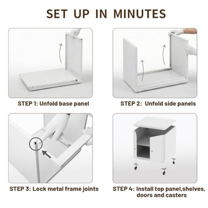 Metal Printer Stand with Storage Cabinet & Wheels, Heavy Duty Rolling Printer Cart with Adjustable Shelf, Large Printer Table for Home Office, Under Desk Printer Cabinet, White 23.6” H