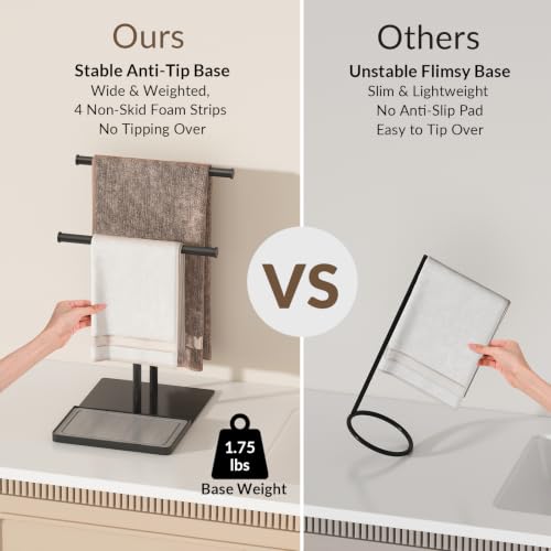NADAMOO Standing Towel Rack for Bathroom, Adjustable Hand Towel Holder | 13.8"-24" Height, Diatomite Tray, Wide Weighted Base, 2 Bars with 4" Gap for Airflow, Rustproof Black Metal, No Drill