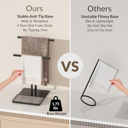 NADAMOO Standing Towel Rack for Bathroom, Adjustable Hand Towel Holder | 13.8"-24" Height, Diatomite Tray, Wide Weighted Base, 2 Bars with 4" Gap for Airflow, Rustproof Black Metal, No Drill