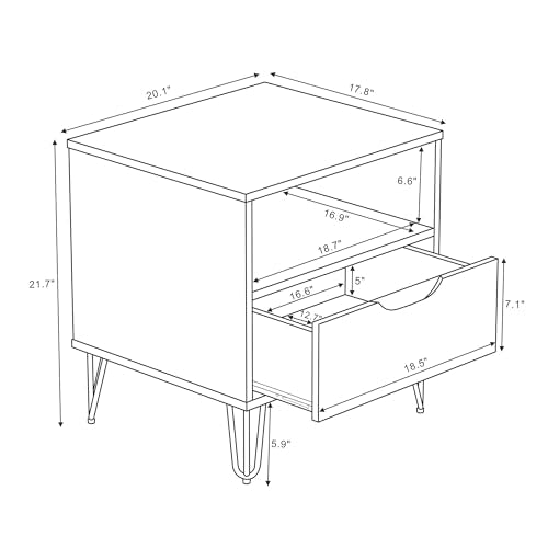 Manhattan Comfort Avira 20 Inch Nightstand with Drawer and Shelf, Mid Century Modern Bedroom Stand with Storage, Compact Side End Table with Metal Legs, Brown - color: Brown