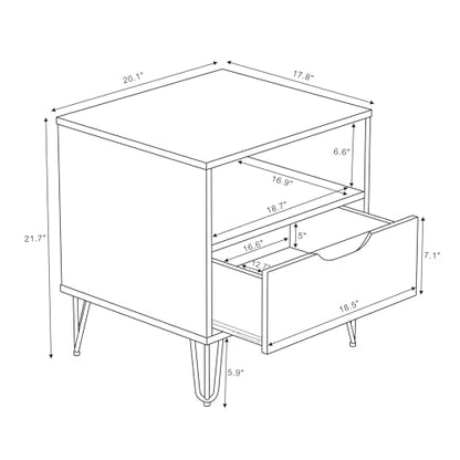 Manhattan Comfort Avira 20 Inch Nightstand with Drawer and Shelf, Mid Century Modern Bedroom Stand with Storage, Compact Side End Table with Metal Legs, White - color: White