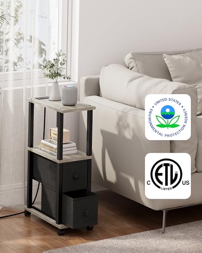TUTOTAK Small Narrow End Tables, LED Side Tables with 2 Fabric Drawers, Set of 2, Bedside Tables with Charging Station for Small Spaces, Slim Nightstands with USB Ports and Wheels, TB01BG053L - color: Greige, style: with LED Light & Outlets