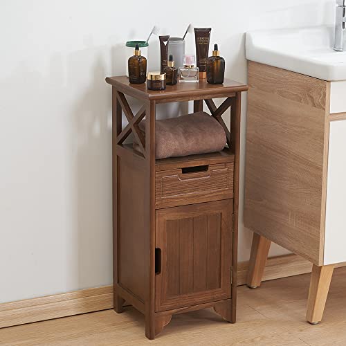 30 Inches Tall End Table, Fully Assembled Bathroom Floor Cabinet with Shelf and Storage, No Assembly Nightstand with Drawer for Bedroom-Walnut - color: Walnut