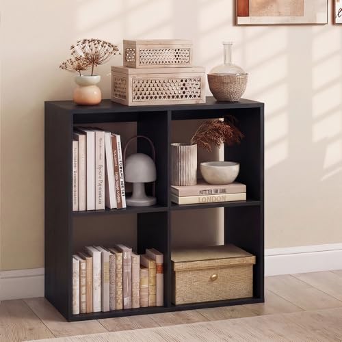 4 Cube Storage Organizer, Small Bookshelf for Small Space, 2-Tier Bookcase with Open Back, Wooden Display Shelf for Bedroom, Living Room - color: Black, size: 4-Cube