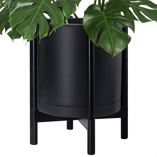 D'vine Dev Plastic Pot with Ebony Wood Stand, Black, 16 in, 55-C-Z-2 | Mid-Century Inspired Design, Elevated Plant Display, Clean Lines, Sturdy Support, Modern Space-Saving Style - color: Matte Black Pot + Ebony Stand, size: 16 Inch