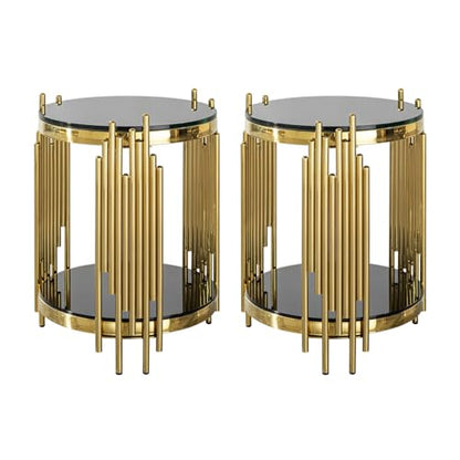 Set of 2 Modern Luxury 2-Tier Round End Tables, Black Tempered Glass Tops, Gold Stainless Steel Frames, Small Elegant Side Tables for Living Room, Bedroom, Office, or Café - color: End Table Set of 2