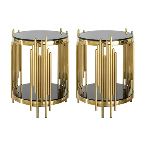 Set of 2 Modern Luxury 2-Tier Round End Tables, Black Tempered Glass Tops, Gold Stainless Steel Frames, Small Elegant Side Tables for Living Room, Bedroom, Office, or Café - color: End Table Set of 2
