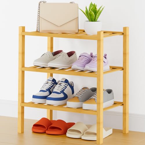 Smiry Small Bamboo Shoe Rack, 3 Tier Free Standing Wooden Shoe Organizer, Stackable Wood Shoe Storage Shelf for Closet, Entryway, 14 Vertical Slats, 2+1 Stack Heavy-duty Legs, 17.3"x11"x19.5", Natural - color: Natural, size: 17.32" Wide - 3 Tier - Thicker