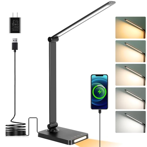 LED Desk Lamp with USB Ports,Touch Desk Lamps for Home Office with 5 Color Modes,3 Brightness Desk Light with Small Night Light,Reading Lamp Table Lamp for Bedroom Bedside Study Black （with adapter） - color: Black