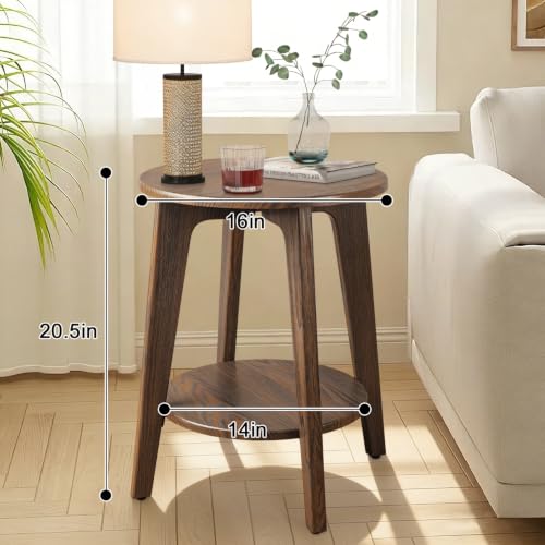 Small Round Side Table Wooden End Table with Lower Shelf Modern Nightstand Bedside Tables for Small Spaces, Living Room, Bedroom Rustic Brown - color: Rustic Brown